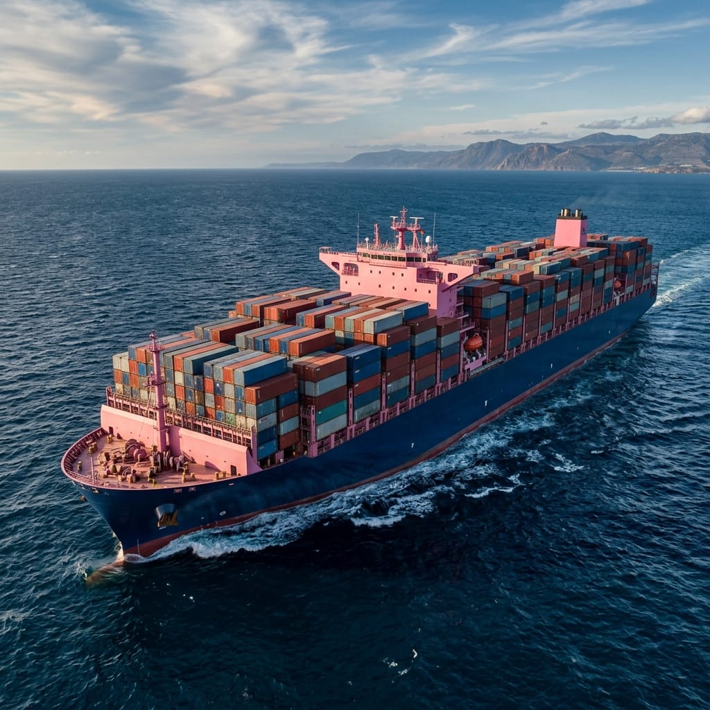 Navio cargueiro rosa e azul em alto mar