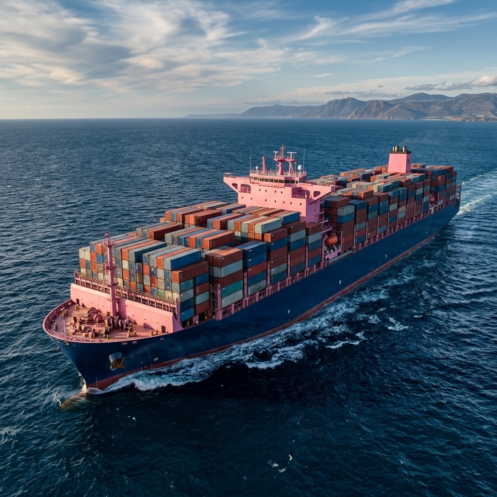 Navio cargueiro rosa e azul em alto mar